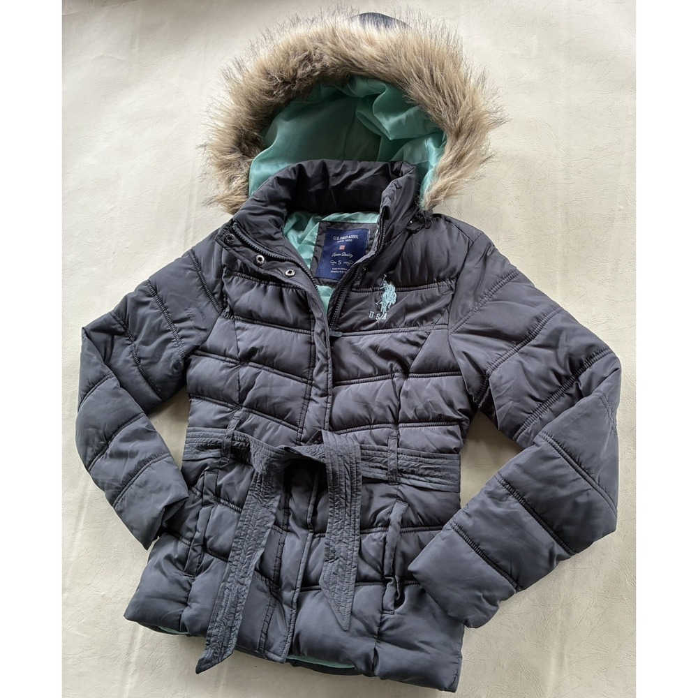 US Polo Assn Quilted Belted Hooded Faux Fur Lined Coat Jacket Women S Gray Teal